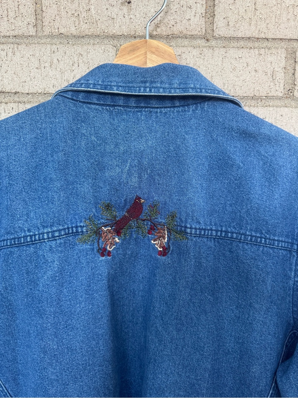 Vintage Blue Denim Shacket Jacket Fall Floral Embroidery Cotton 2X - Picture 6 of 7